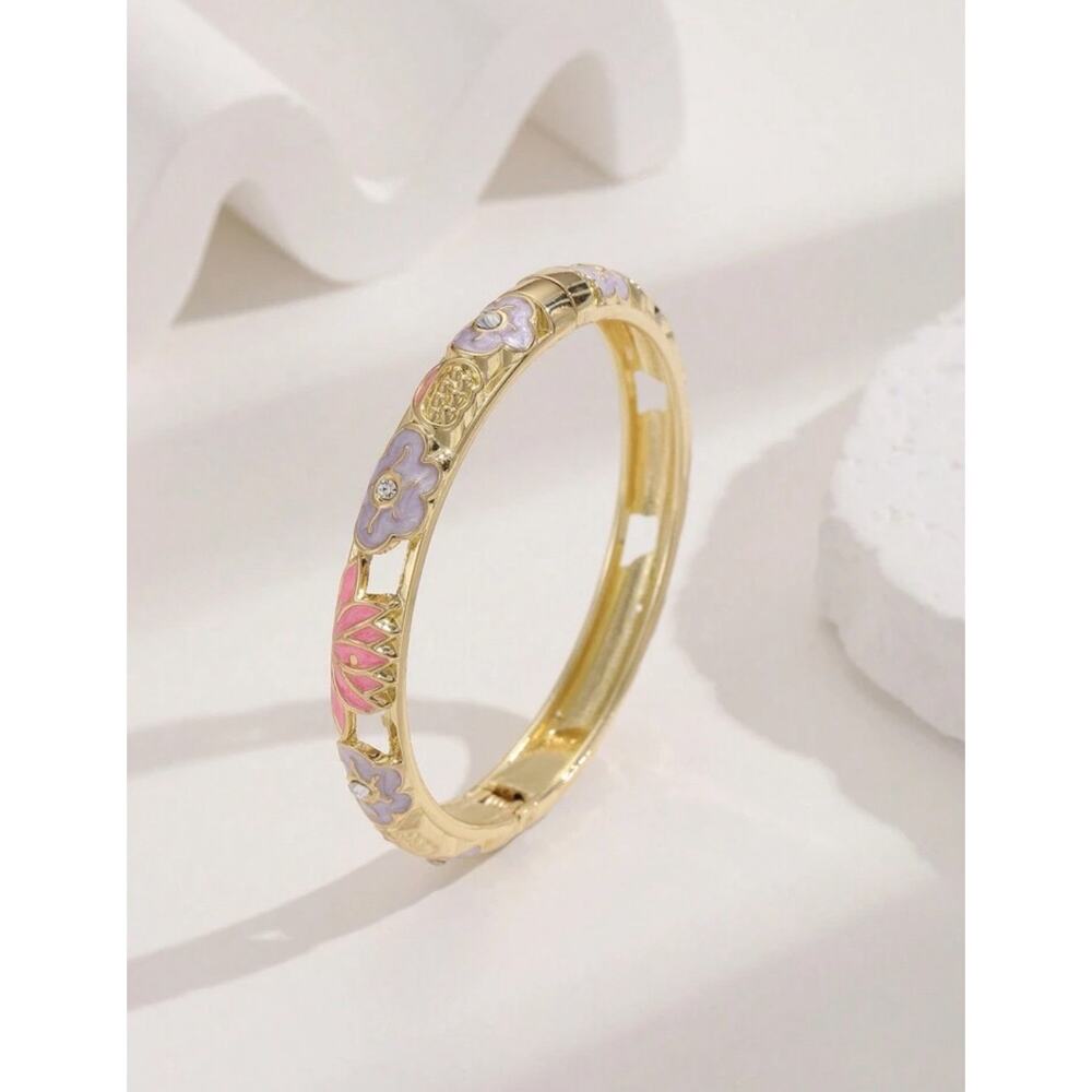 Novelty Pink Purple Floral Cloisonne Bead & Gilded Women's Bracelet, Daily Gift